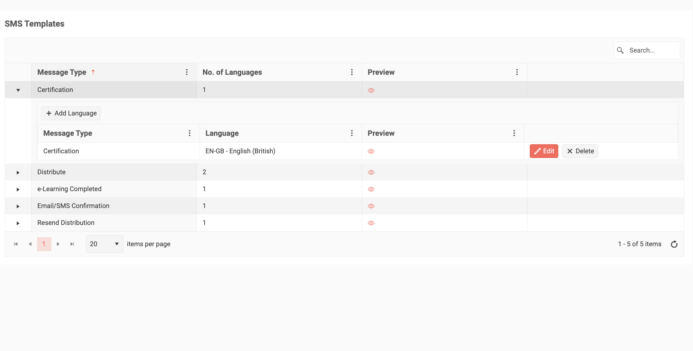 template settings certificate, email, SMS
