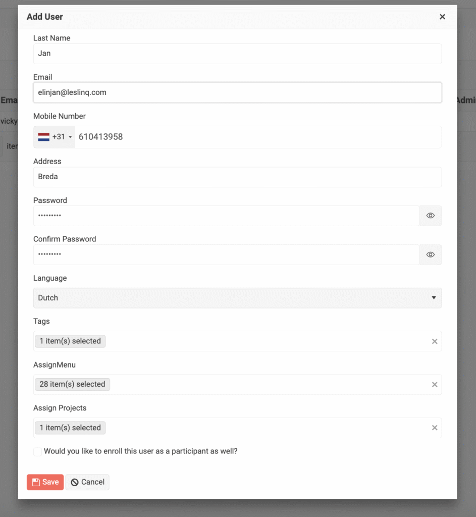 create user in LesLinq
