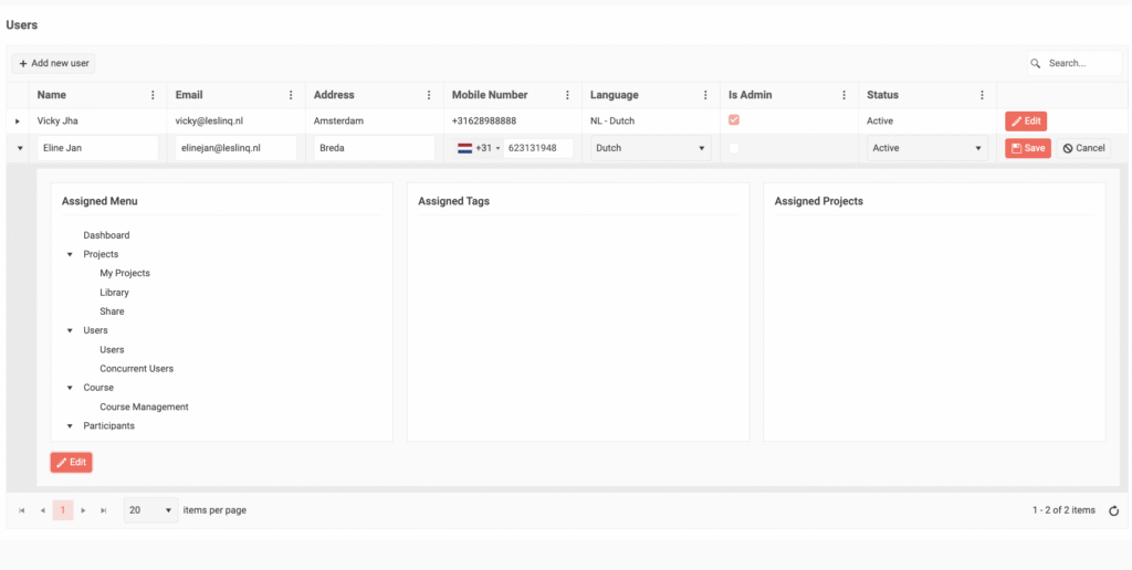 edit user in LesLinq, assign tags and projects