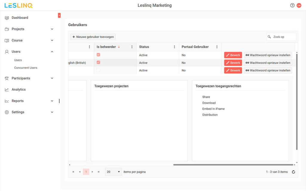 backend menu leslinq user rights